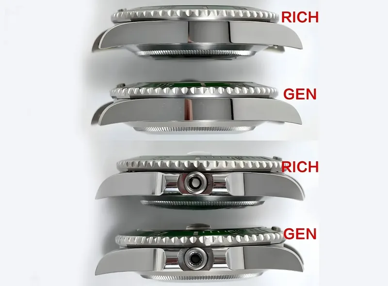 Perfil lateral da caixa do Rolex Super Clone RICH comparado ao Submariner genuíno