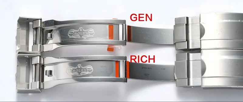 Fecho Glidelock do Rolex Super Clone RICH aberto comparado ao fecho do Submariner genuíno