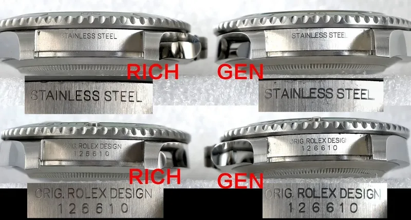 Gravações entre as garras do Rolex Super Clone RICH comparadas às do Submariner genuíno