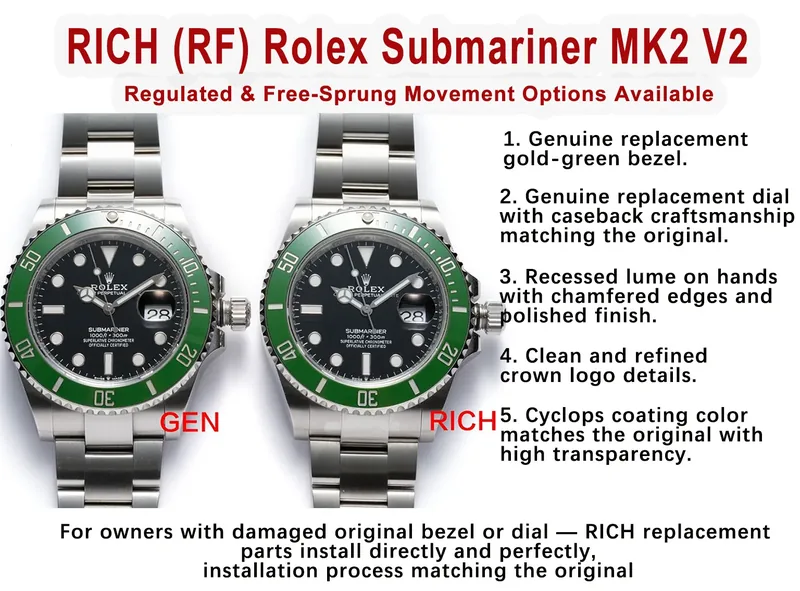Rolex Super Clone Submariner MK2 Verde RICH comparado ao original