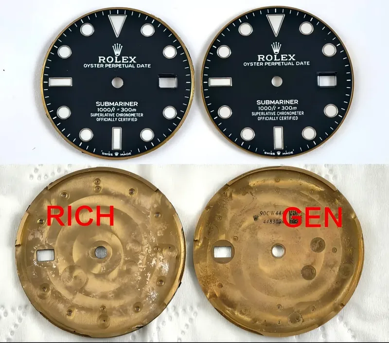 Mostrador do Rolex Super Clone Submariner da RICH comparado ao mostrador genuíno, frente e verso
