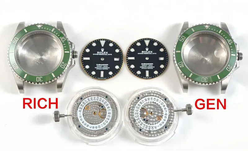 Rolex Super Clone Submariner da RICH comparado ao original com componentes desmontados